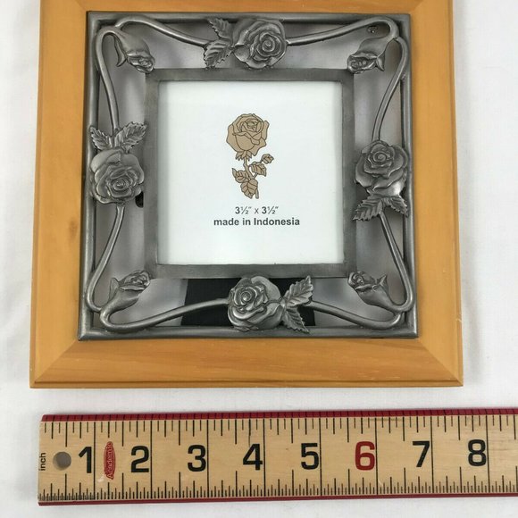 Wood & Metal Rose Pattern Desktop 3.5" Square Picture Frame Made in Indonesia - Picture 3 of 4